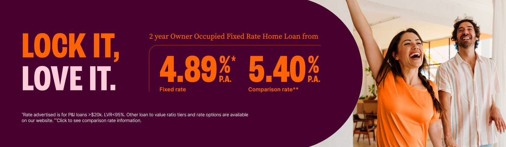 Lock it, love it. 2 year owner occupied fixed rate home loan from 4.89% p.a. fixed rate (5.40% p.a. comparison rate).
